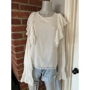 Bershka Blouse Women’s L White Swiss Dot Ruffle Elastic Long Sleeves Boho Poet